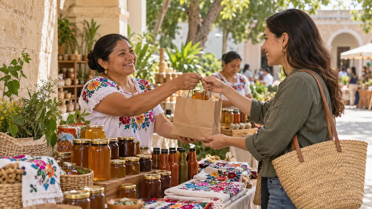 Una productora entrega una compra a una clienta en un mercado local