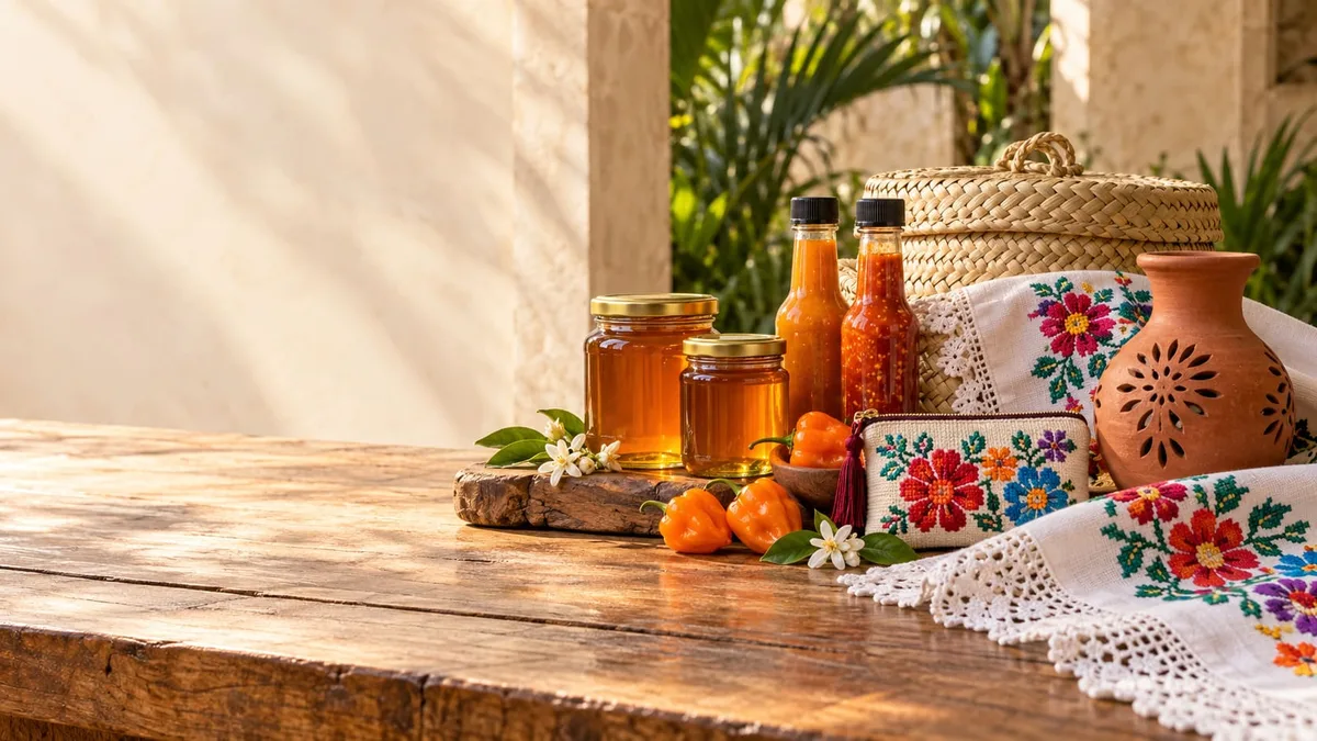 Composición de miel, salsas, bordados y artesanías locales